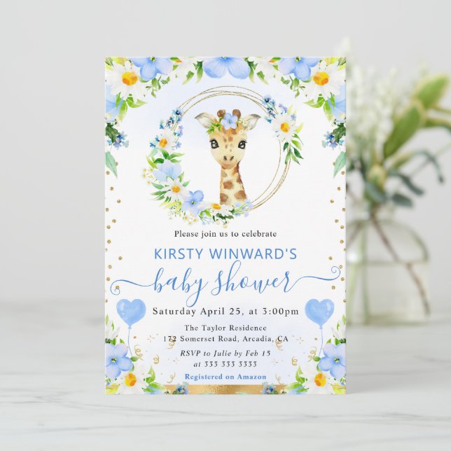 Invitation Aquarelle mignonne Jungle Baby shower Giraffe (Debout devant)