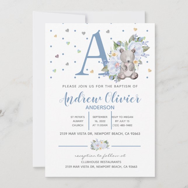 Invitation Aquarelle mignonne Ours Teddy Bébé Garçon Christen (Devant)