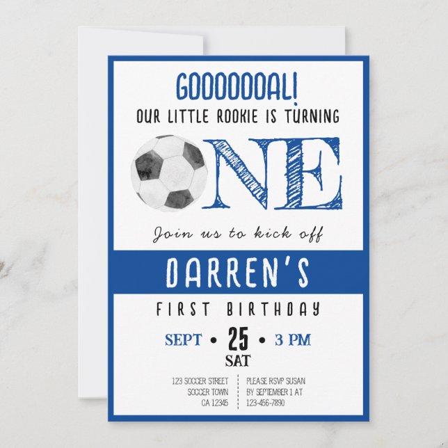 Invitation Aquarelle mignonne Petit Rookie Football 1er Anniv (Devant)