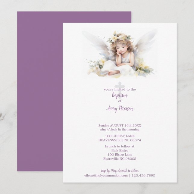 Invitation Aquarelle mignonne Petite fille Angel Croix Baptêm (Devant / Derrière)