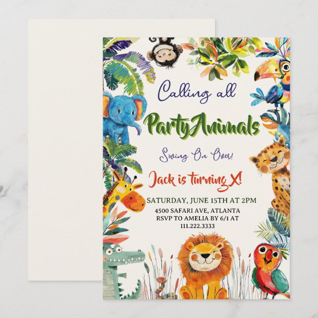 Invitation Aquarelle mignonne Quirky Safari Animaux Anniversa (Devant / Derrière)