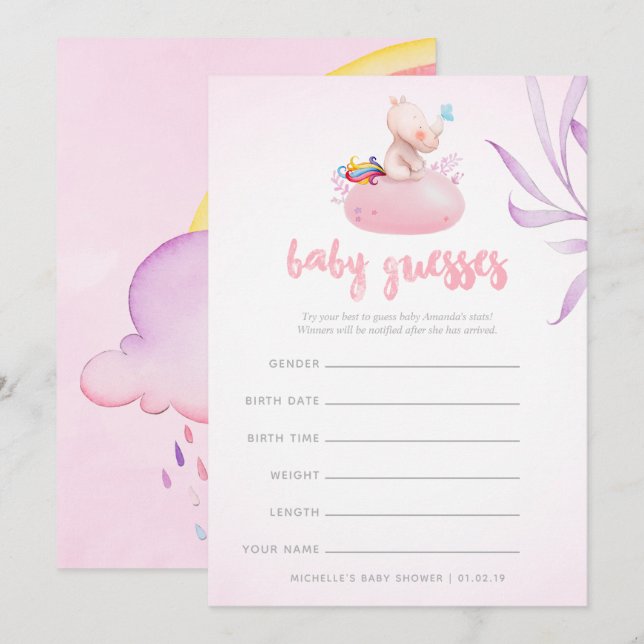 Invitation Aquarelle mignonne Rhino Unicorn Baby Girl Douche  (Devant / Derrière)