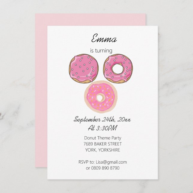 Invitation Aquarelle mignonne rose 3 beignets thème d'anniver (Devant / Derrière)