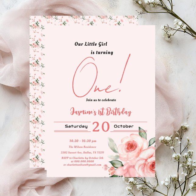 Invitation Aquarelle mignonne Rose rose bébé fille 1er annive (Créateur téléchargé)