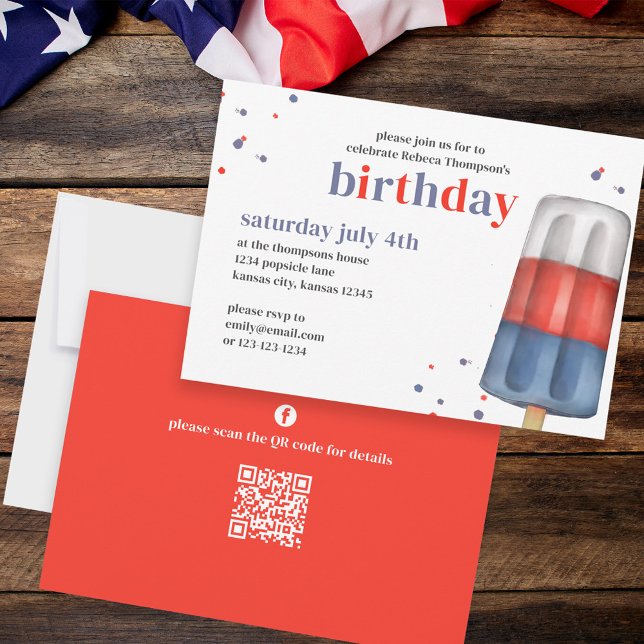 Invitation Aquarelle mignonne Rouge Blanc Bleu Popsicle QR Co (Créateur téléchargé)