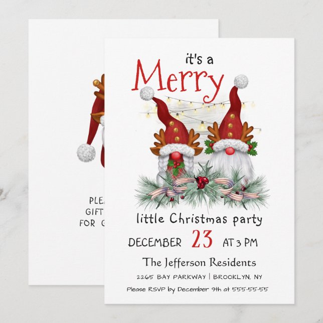 Invitation Aquarelle mignonne Rouge Gnomes Petite fête de Noë (Devant / Derrière)