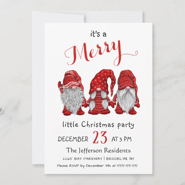 Invitation Aquarelle mignonne Rouge Gnomes Petite fête de Noë (Devant)