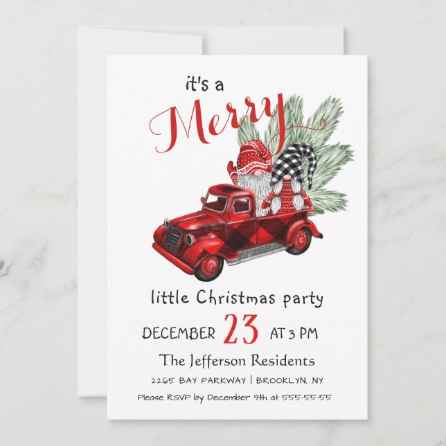 Invitation Aquarelle mignonne Rouge Gnomes Petite fête de Noë (Devant)