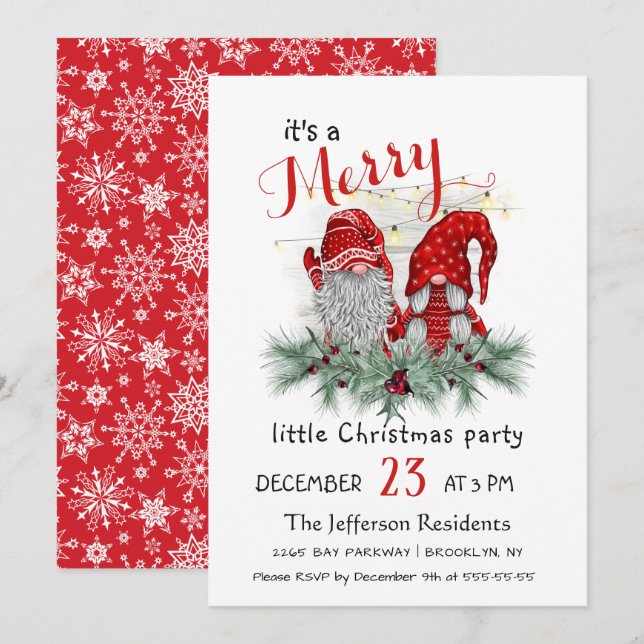 Invitation Aquarelle mignonne Rouge Gnomes Petite fête de Noë (Devant / Derrière)