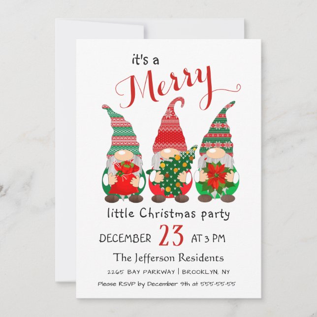 Invitation Aquarelle mignonne Rouge Gnomes Petite fête de Noë (Devant)