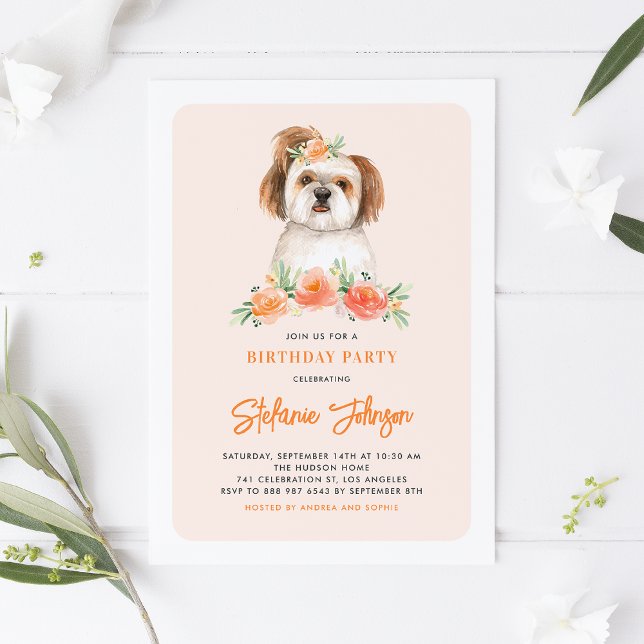 Invitation Aquarelle mignonne Shih Tzu Peach Floral Anniversa (Créateur téléchargé)