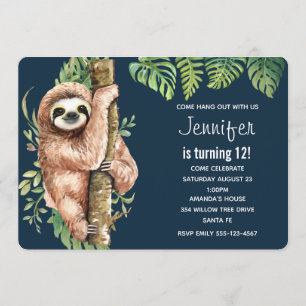 Invitation Aquarelle mignonne Sloth & Feuilles tropicaux Anni