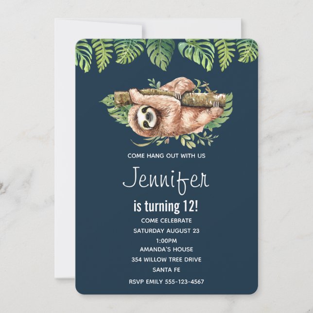 Invitation Aquarelle mignonne Sloth & Feuilles tropicaux Anni (Devant)