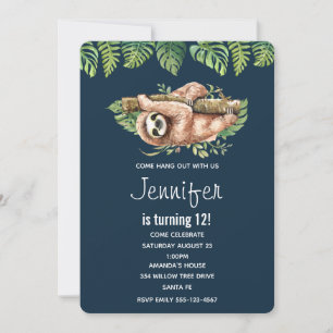 Invitation Aquarelle mignonne Sloth & Feuilles tropicaux Anni