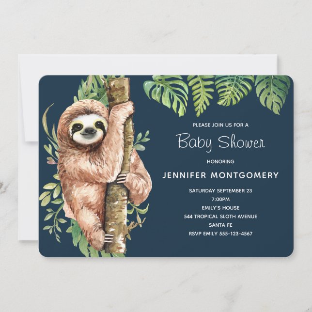 Invitation Aquarelle mignonne Sloth & Tropical Feuille Douche (Devant)