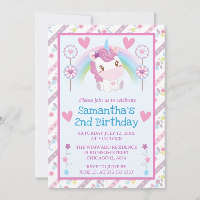 Invitation Aquarelle mignonne Unicorne et Arc-en-ciel Anniver (Devant)