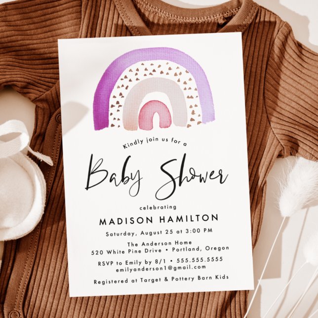 Invitation Aquarelle mignonne violet Baby shower arc-en-ciel (Créateur téléchargé)