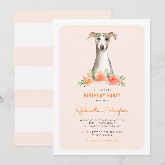 Invitation Aquarelle mignonne Whippet Peach Floral Anniversai (Devant / Derrière)