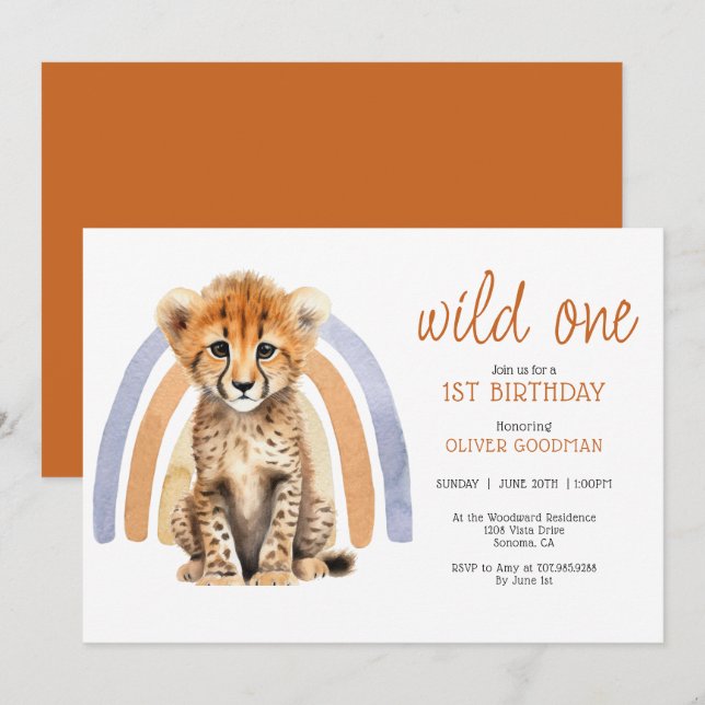Invitation Aquarelle mignonne Wild One Garçon 1er Anniversair (Devant / Derrière)