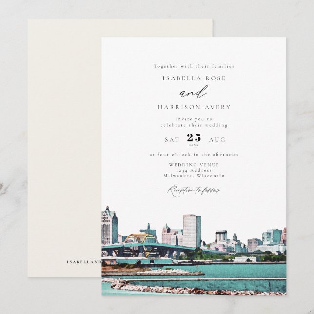 Invitation Aquarelle Milwaukee Wisconsin Skyline Mariage (Devant / Derrière)