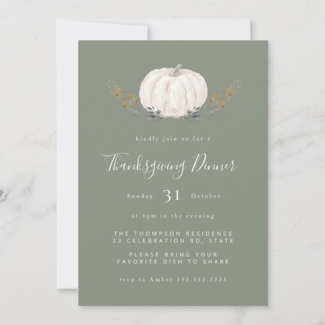 Invitation Aquarelle minimale Citrouille Halloween Sage Green (Devant)