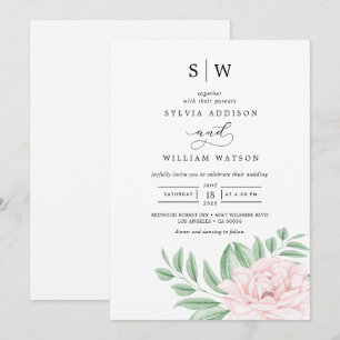 Invitation Aquarelle minimale Eucalyptus Mariage rose pâle