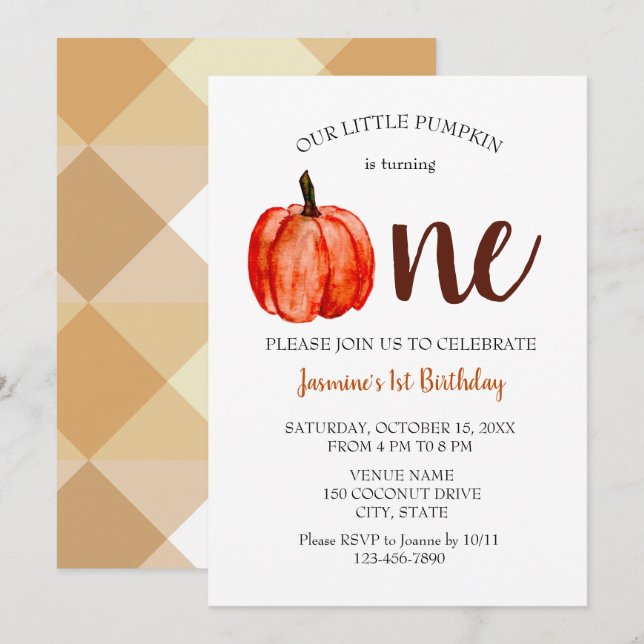 Invitation Aquarelle minimaliste Citrouille premier anniversa (Devant / Derrière)