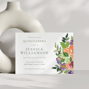 Invitation Aquarelle minimaliste Orange Floral QUINCEAÑERA