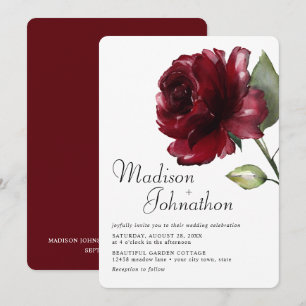 Invitation Aquarelle minimum Mariage de rose rouge foncé bord