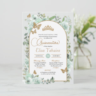 Invitation Aquarelle Mint Vert Floral Papillon Quinceañera