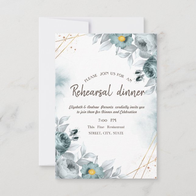 Invitation Aquarelle Mint Vert Roses Dîner de répétition (Devant)