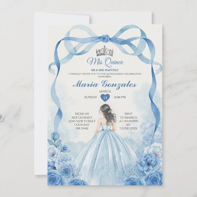 Invitation Aquarelle Mis Quince Dusty Blue Quinceañera (Devant)