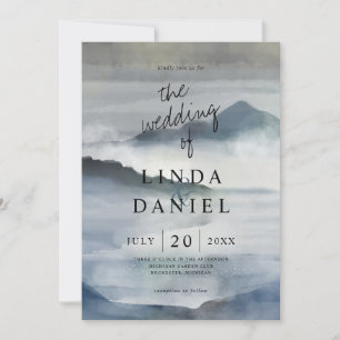 Invitation Aquarelle Misty Mountain mariage bleu indigo