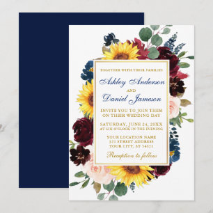 Invitation Aquarelle Mixte Cadre Floral Mariage Or Bleu