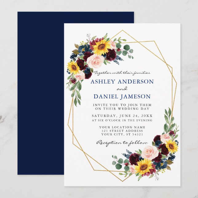 Invitation Aquarelle Mixte Floral Bleu Mariage géométrique (Devant / Derrière)