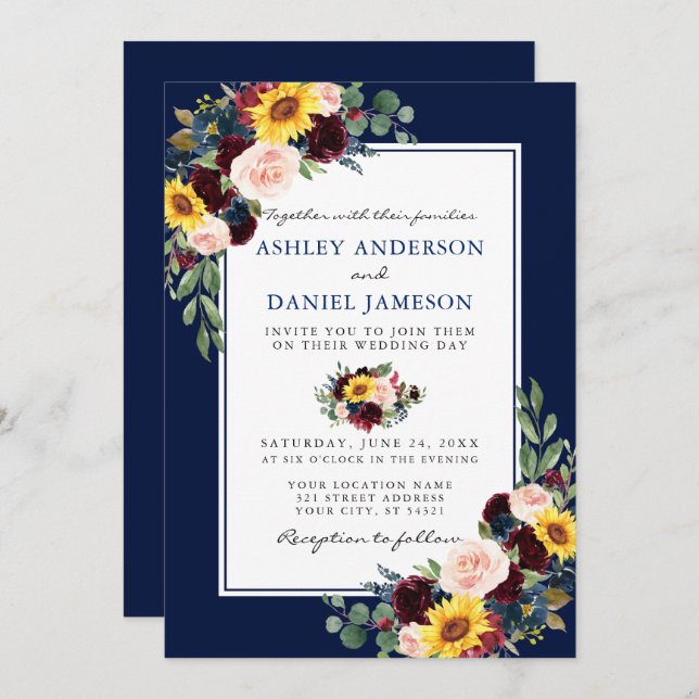 Invitation Aquarelle Mixte Floral Blue Frame Mariage (Devant / Derrière)