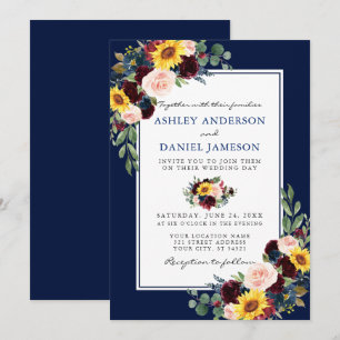 Invitation Aquarelle Mixte Floral Blue Frame Mariage
