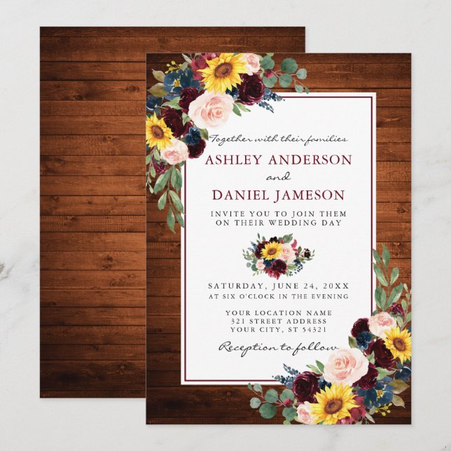 Invitation Aquarelle Mixte Floral Bois Bourgogne Mariage (Devant / Derrière)