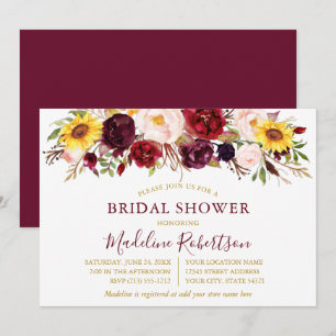 Invitation Aquarelle Mixte Floral Bourgogne Douche Or
