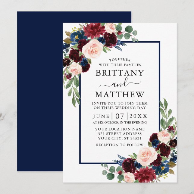 Invitation Aquarelle Mixte Floral Bourgogne Mariage bleu (Devant / Derrière)