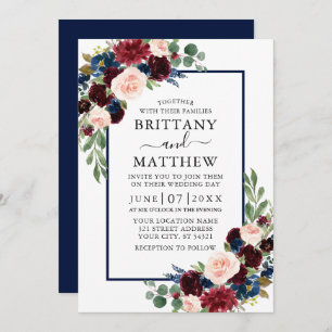 Invitation Aquarelle Mixte Floral Bourgogne Mariage bleu
