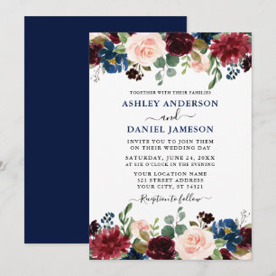Invitation Aquarelle Mixte Floral Bourgogne Mariage bleu
