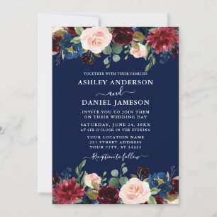 Invitation Aquarelle Mixte Floral Bourgogne Mariage bleu