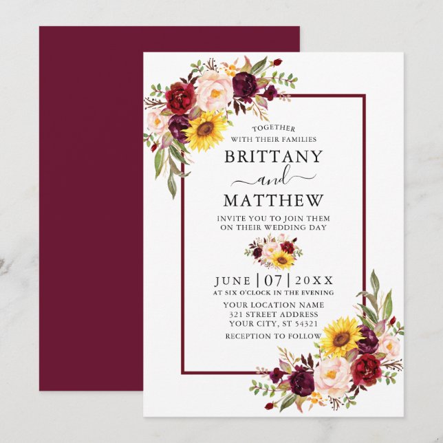Invitation Aquarelle Mixte Floral Bourgogne Mariage cadre (Devant / Derrière)