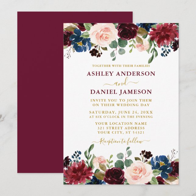 Invitation Aquarelle Mixte Floral Bourgogne Mariage or (Devant / Derrière)