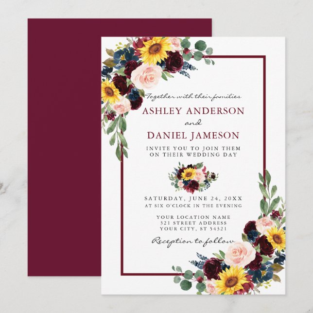 Invitation Aquarelle Mixte Floral Mariage Bourgogne Cadre (Devant / Derrière)