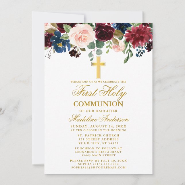 Invitation Aquarelle Mixte Floral Première Communion Or (Devant)