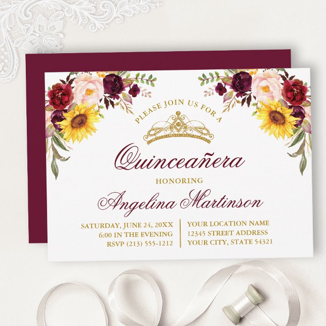 Invitation Aquarelle Mixte Florale Bourgogne Quinceanera Part (Customize to change text size, color, text style or color of back of card.)