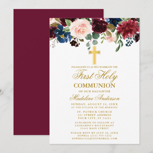 Invitation Aquarelle Mixte Florale Première Communion Bourgog (Devant / Derrière)