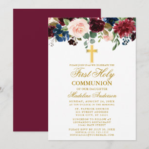 Invitation Aquarelle Mixte Florale Première Communion Bourgog